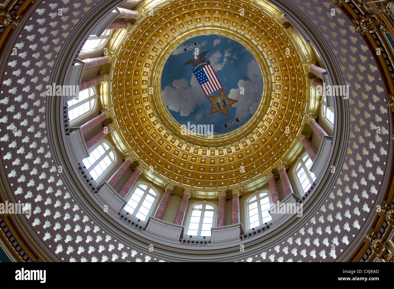 Rotunda dome ceiling inside the Iowa state capitol building or statehouse in Des Moines Stock Photo