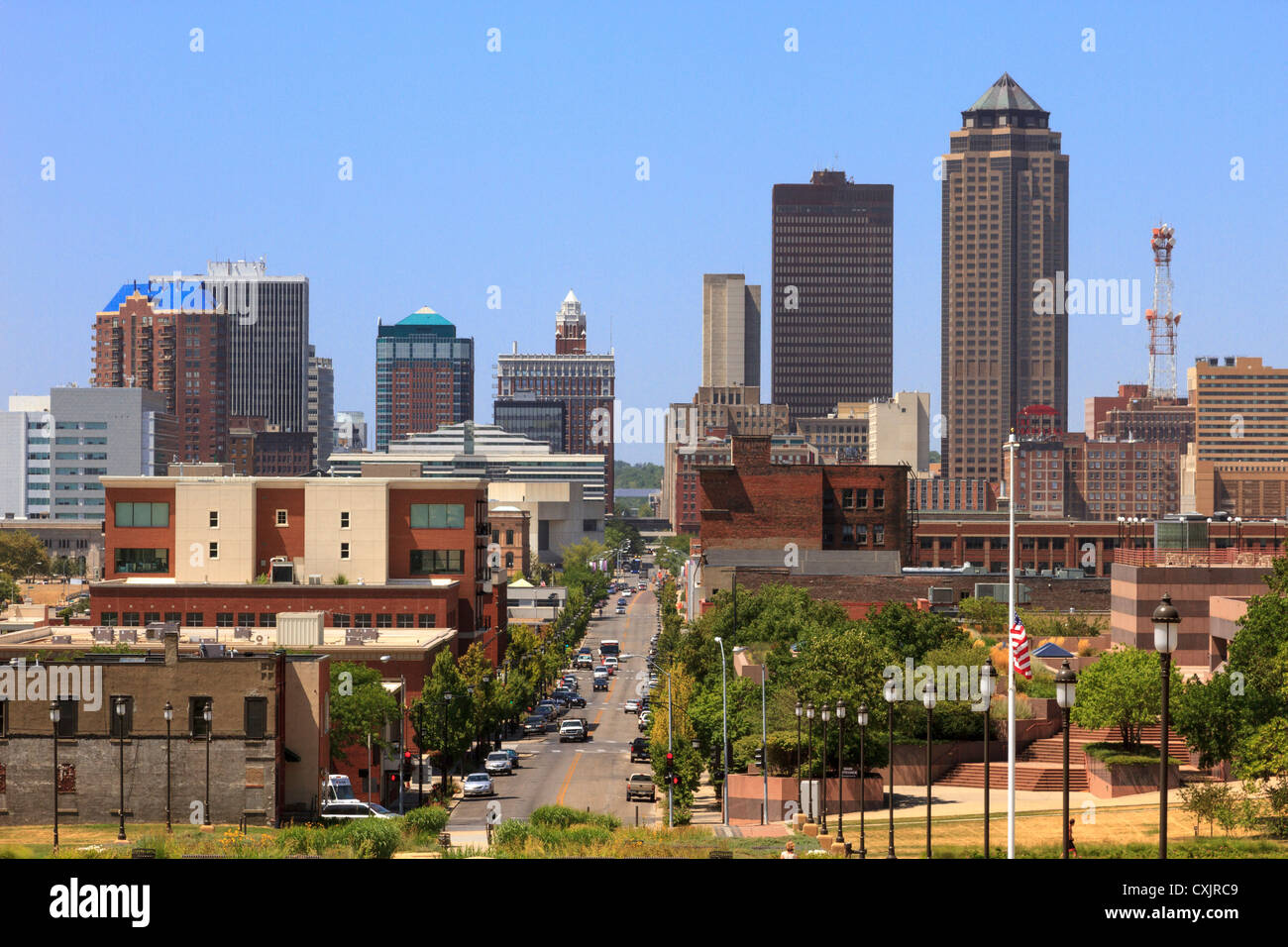 Skyline of downtown Des Moines, Iowa from steps of state capitol building Stock Photo