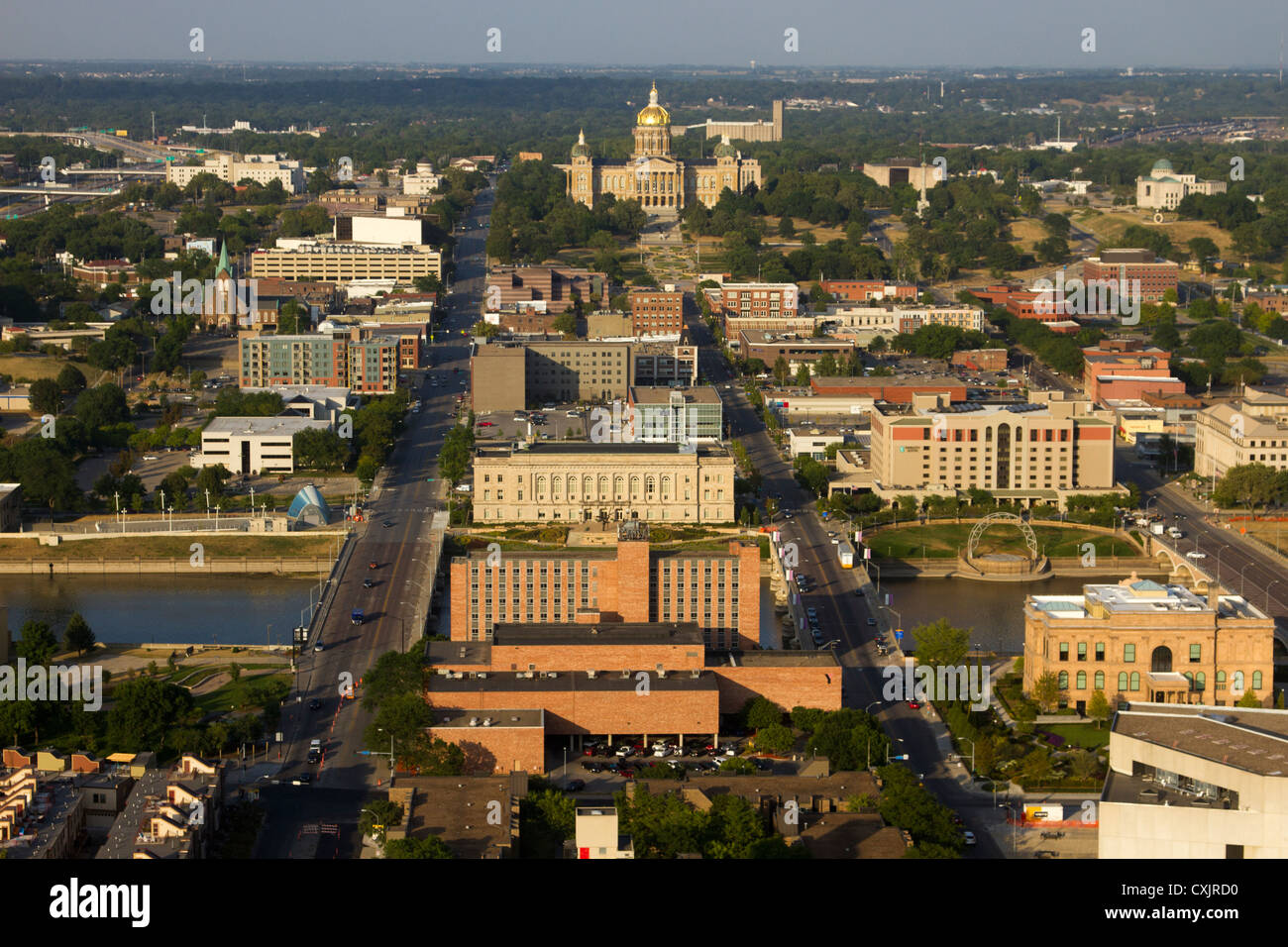 Aerial view of Des Moines downtown buildings, Des Moines River, and