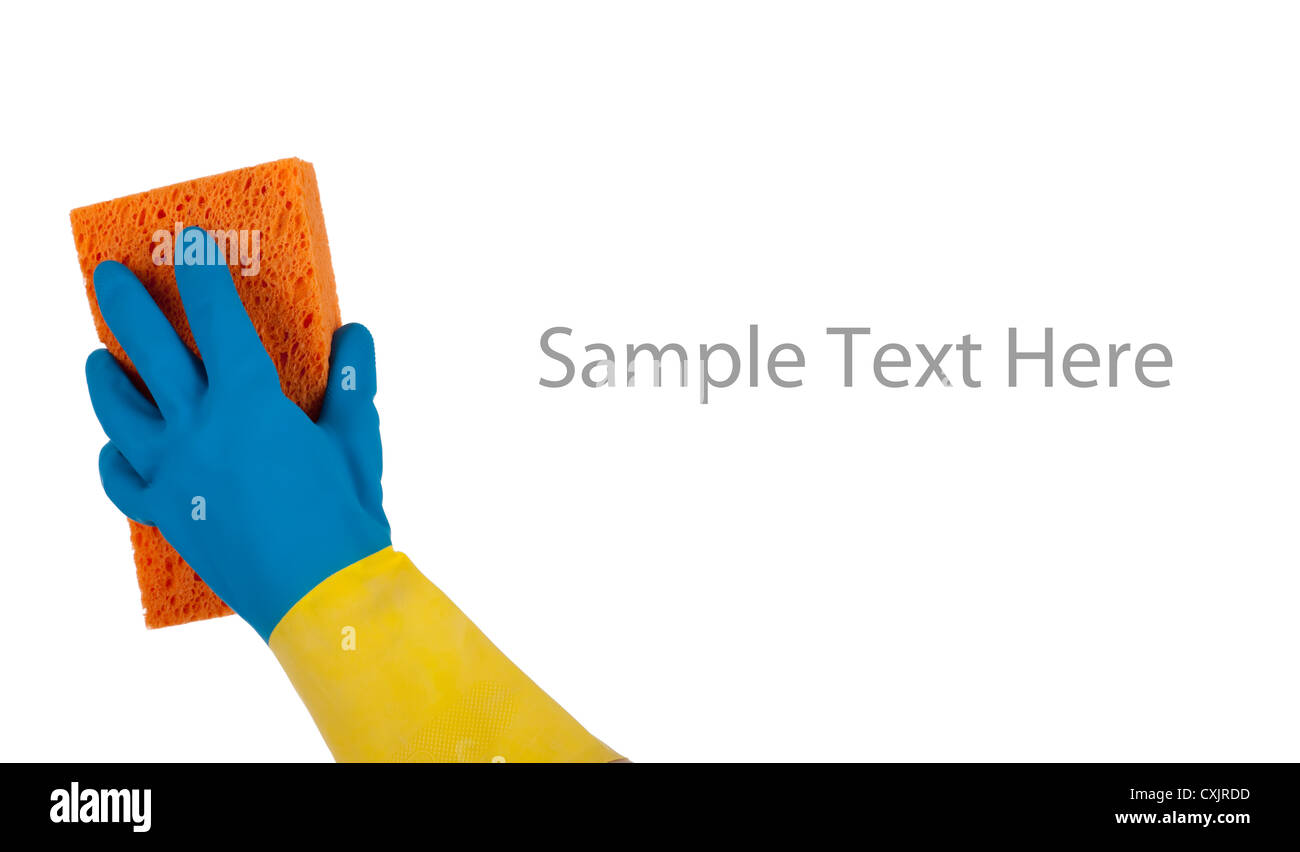 Blue and yellow rubber gloved hand holding a orange sponge on a white ...