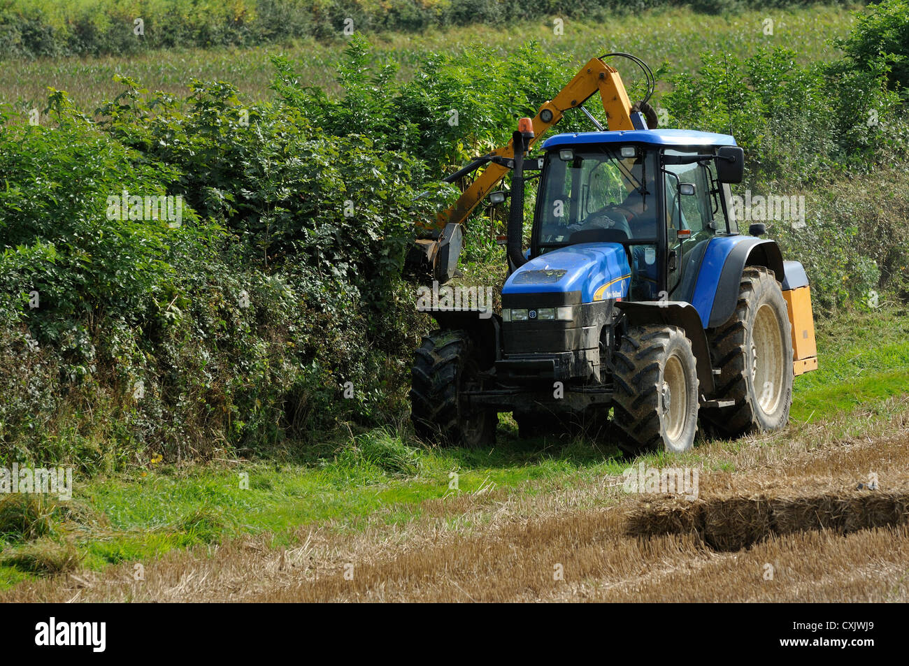 New Holland TM140 Tractor Hedge cutting in field of straw Stock Photo