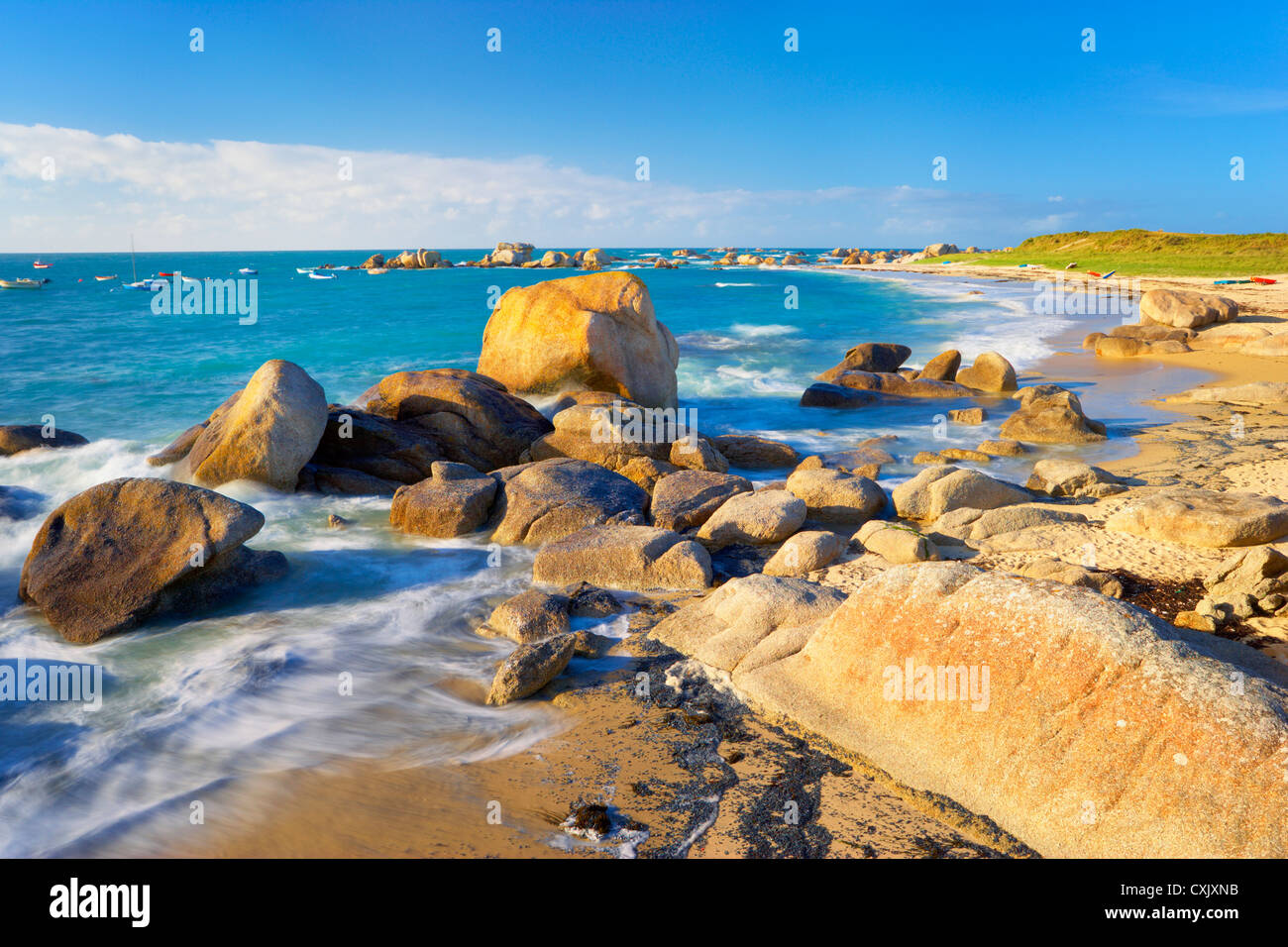 Rocky Coastline and Beach, Brignogan-Plage, Finistere, Brittany, France Stock Photo