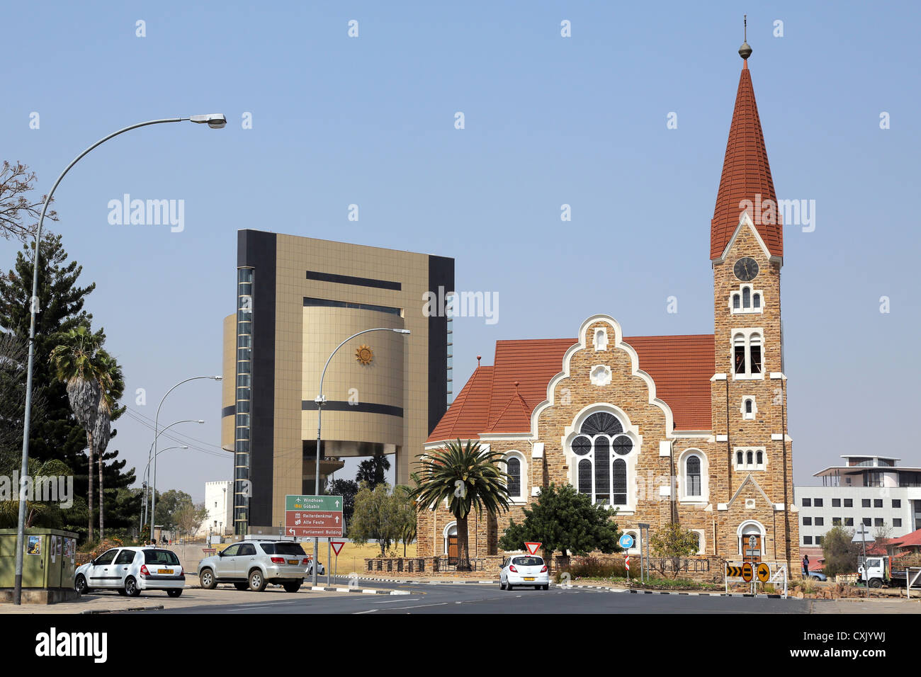 Christ Church (or Christuskirche) and the newly north korean build Independence Museum in Windhoek, Namibia Stock Photo