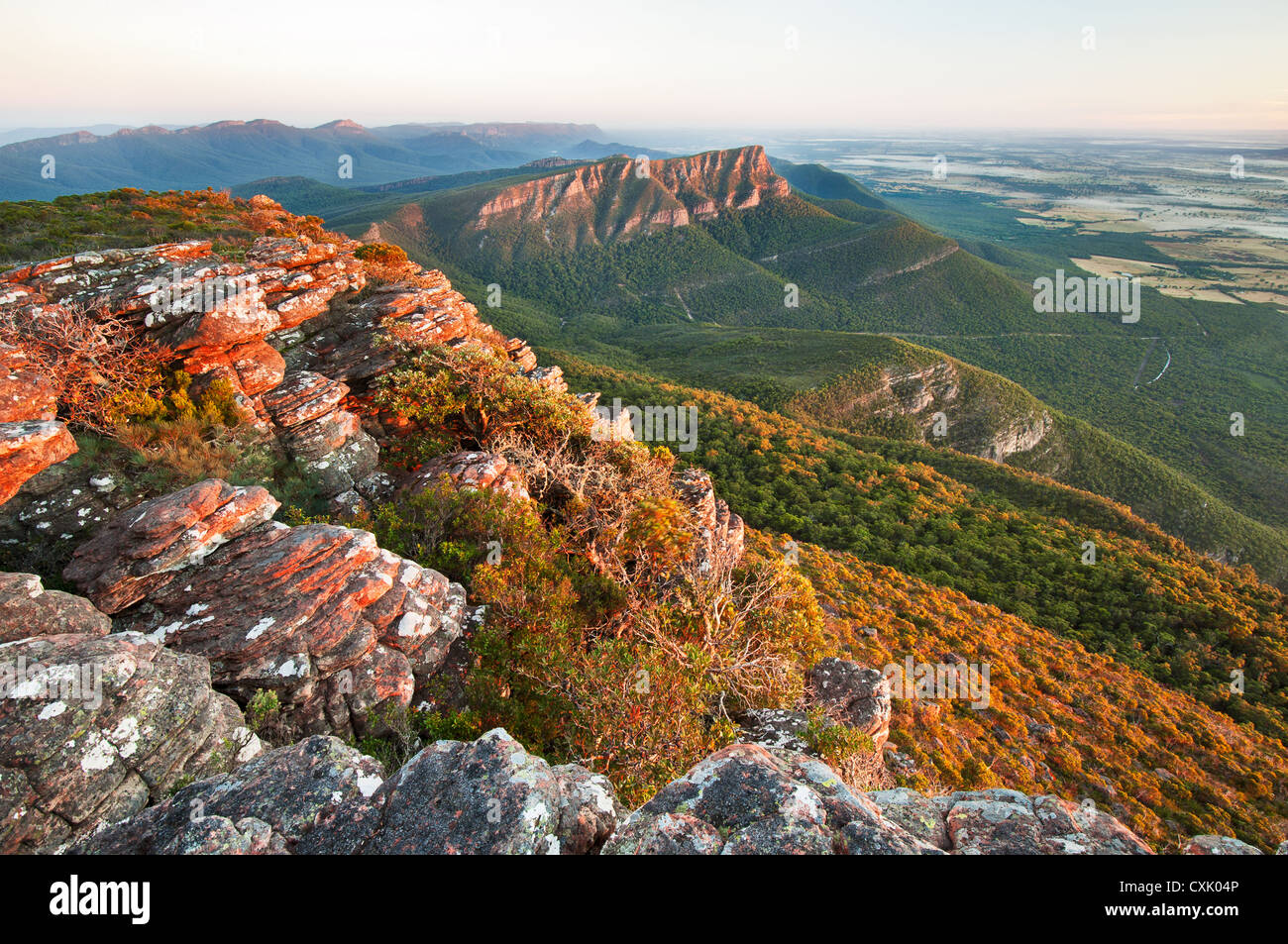 Redman Bluff in The Grampians getting first light of the day. Stock Photo