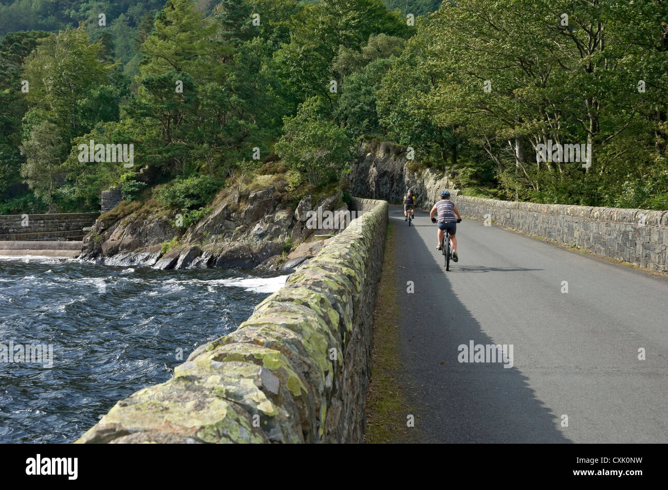 People tourists visitors on bikes cycling around Thirlmere in summer Lake District National Park Cumbria England UK United Kingdom GB Great Britain Stock Photo