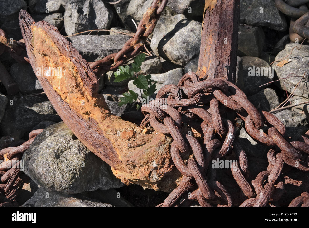 Rusty anchor and anchor chain Stock Photo