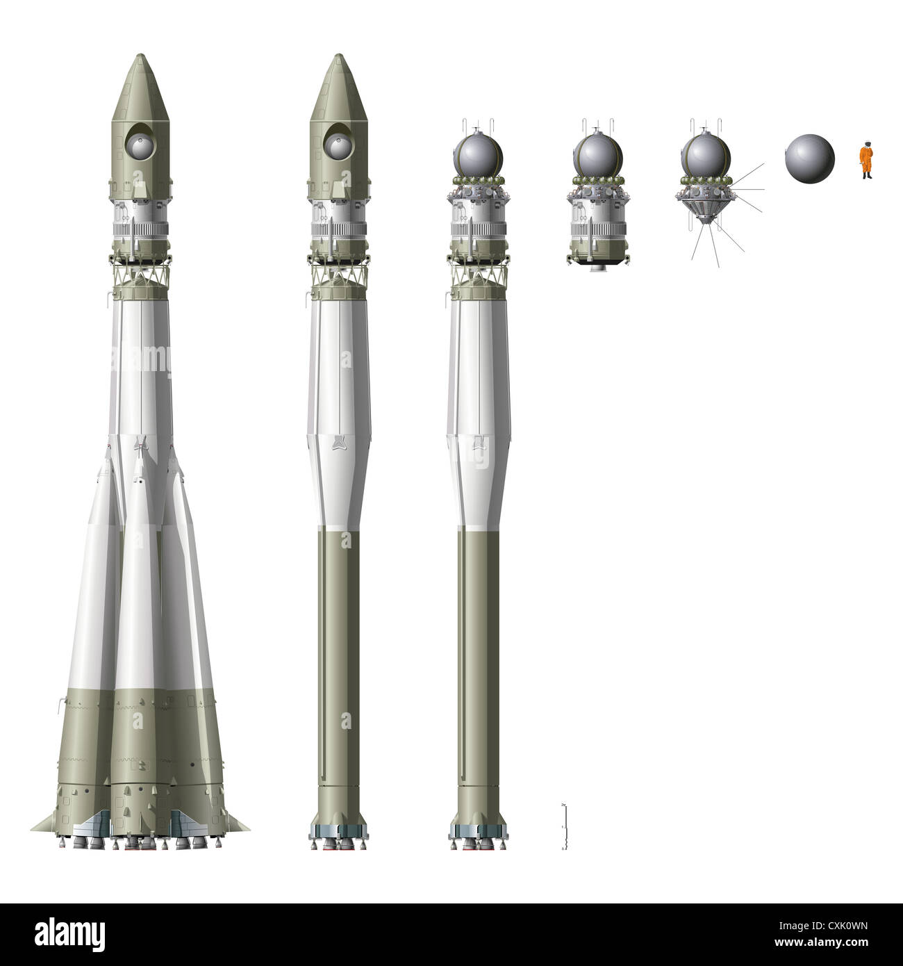 Hi-detailed space rocket with first spaceship Stock Photo