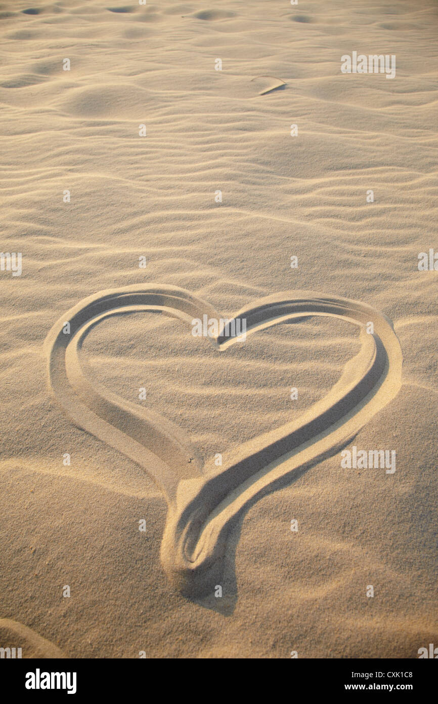Heart Drawing on Sand, Biscarrosse, Landes, Aquitaine, France Stock Photo