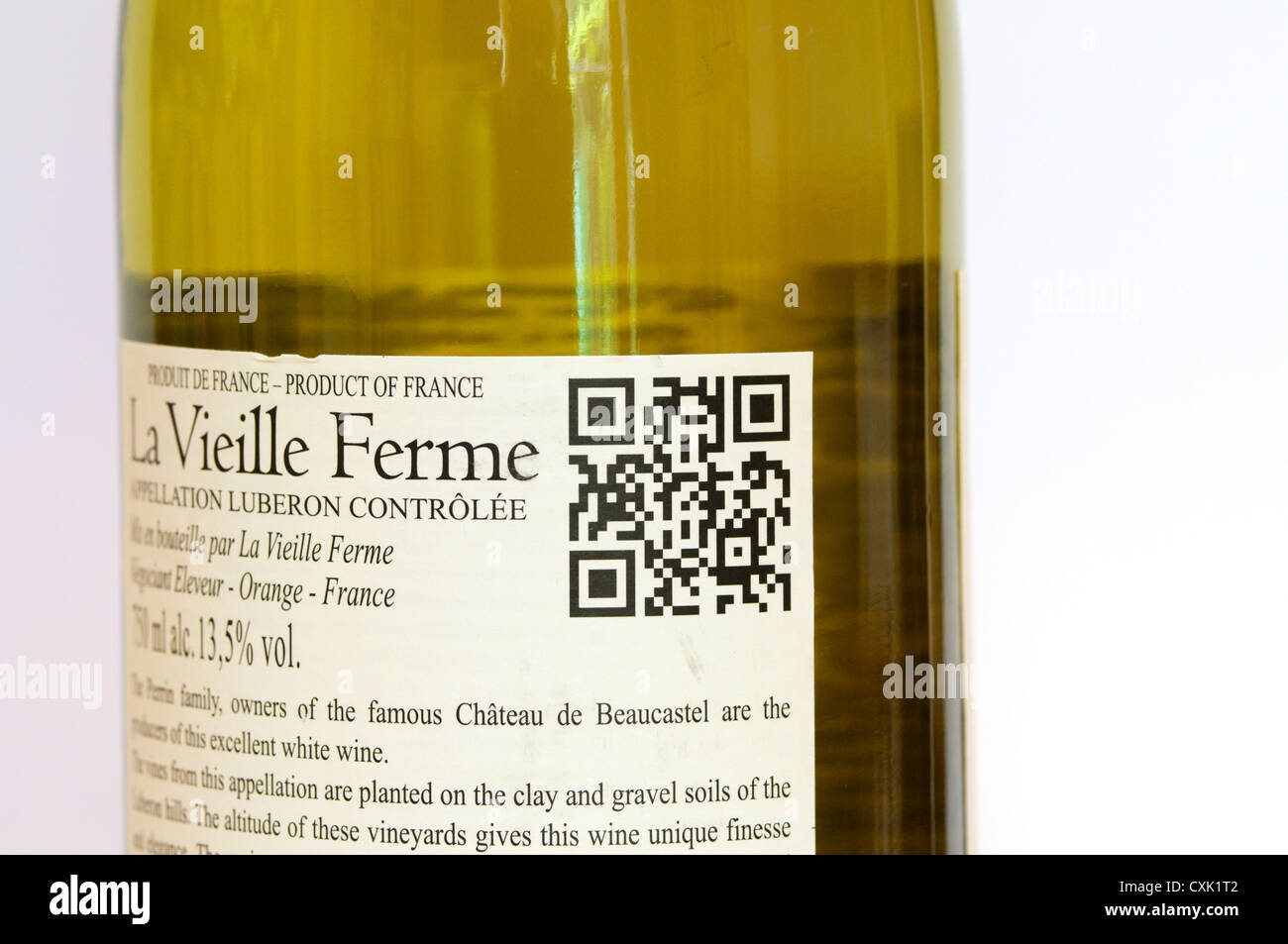 A QR code on the label of a bottle of La Vieille Ferme Appelation Luberon Controlee white wine. Stock Photo