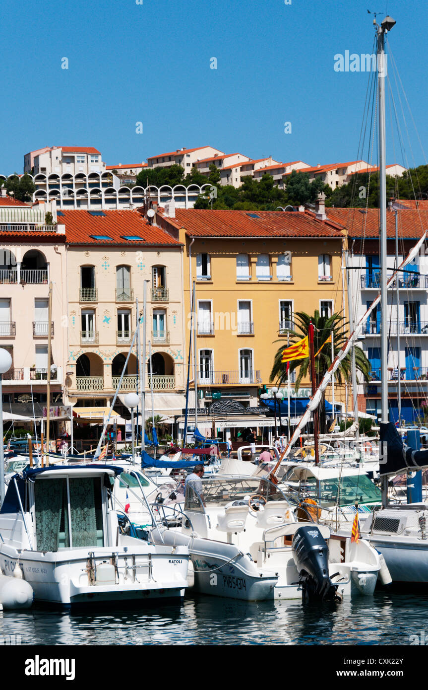 The harbour front in the small French town of Port Vendres close to the border with Spain. Stock Photo