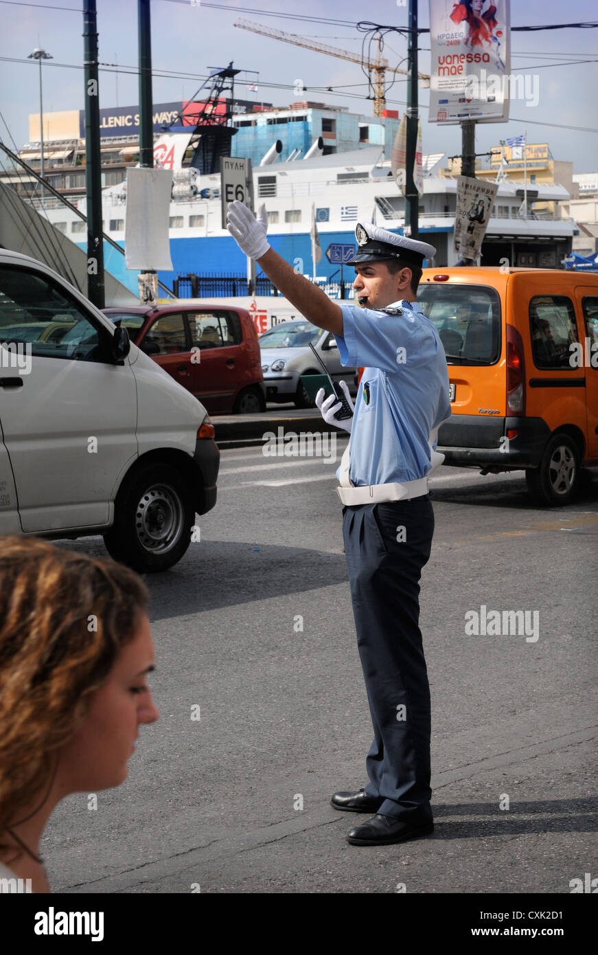 A Greek traffic policeman in Athens near the port of Piraeus Stock