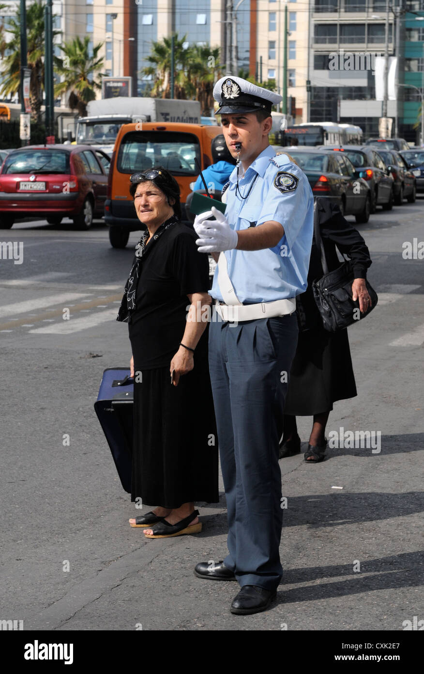 A Greek traffic policeman in Athens near the port of Piraeus Stock