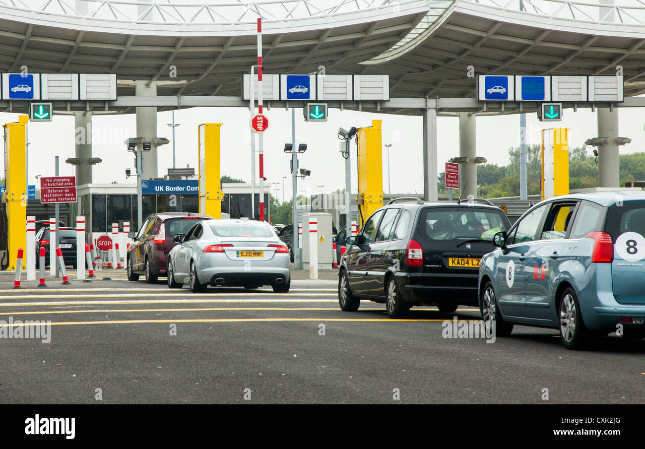 Queues of vehicles at the UK Border Control in Calais, France. Stock Photo