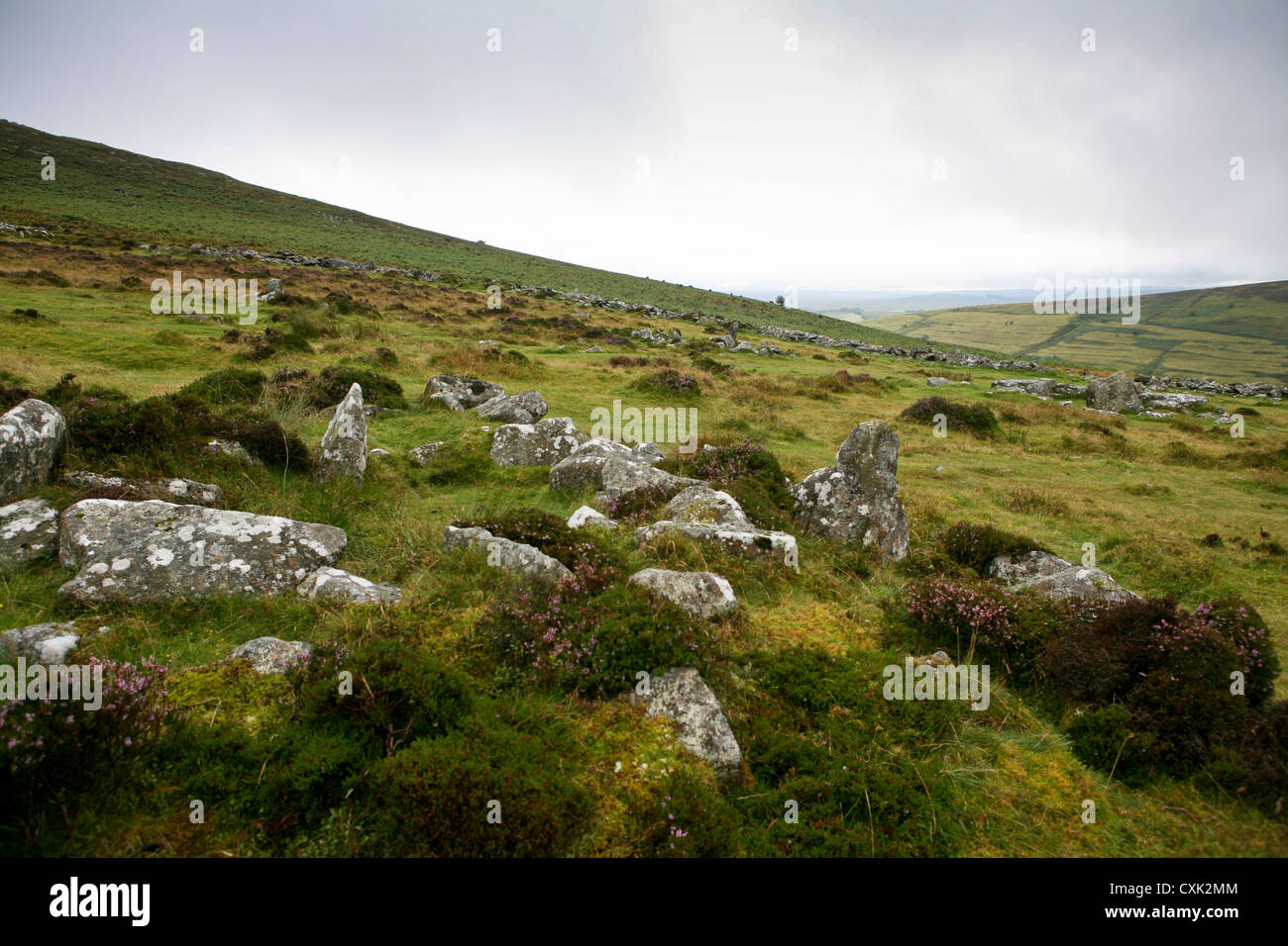Bronze age hut circle at the Grimspound settlement, view towards Widecombe-in-the-Moor, Dartmoor National Park, UK Stock Photo