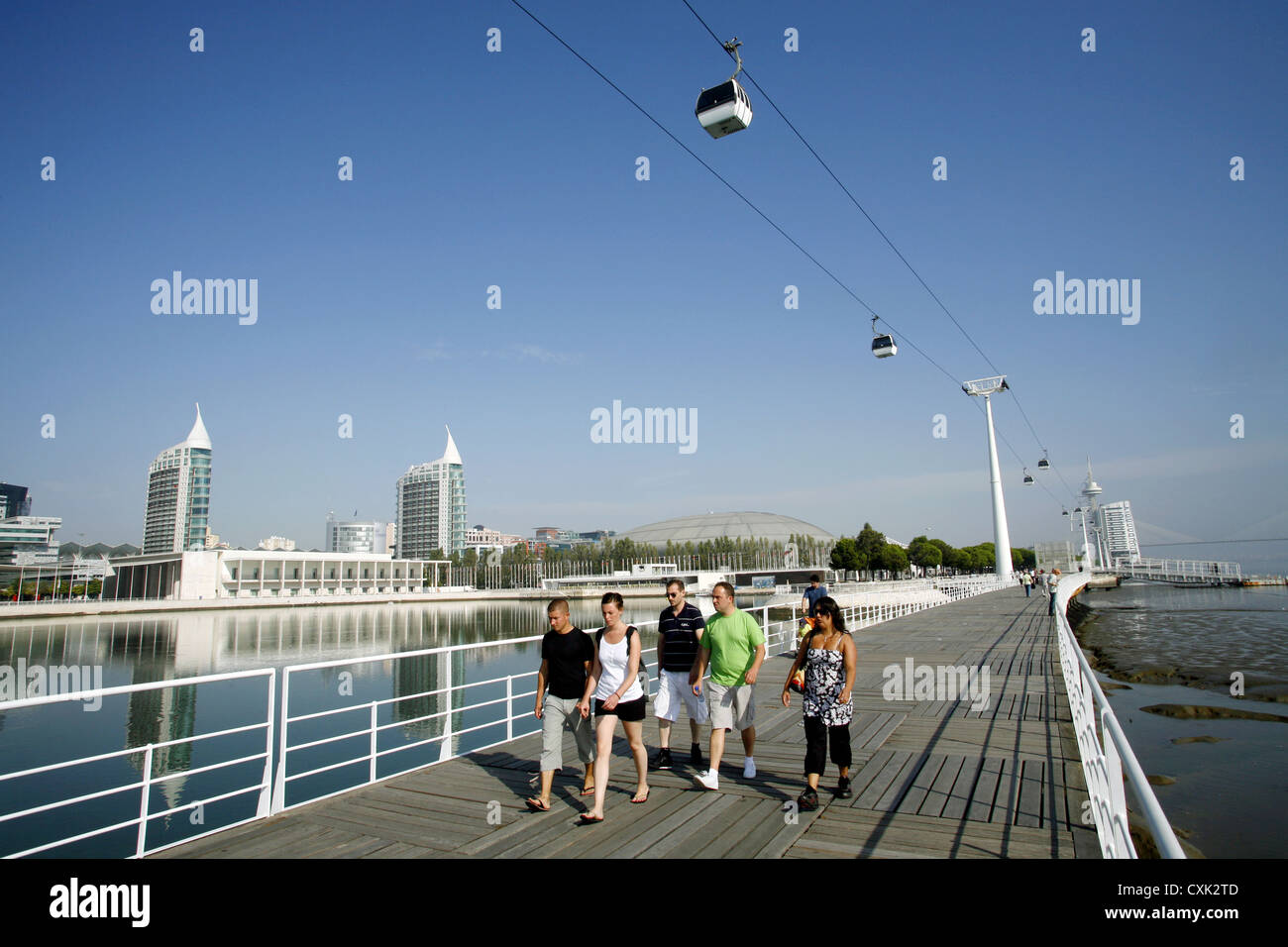 Torre São Gabriel & São Rafael Twin Towers, Teleferico Cable Cars, Parque das Nações, Portugal, Europe Stock Photo