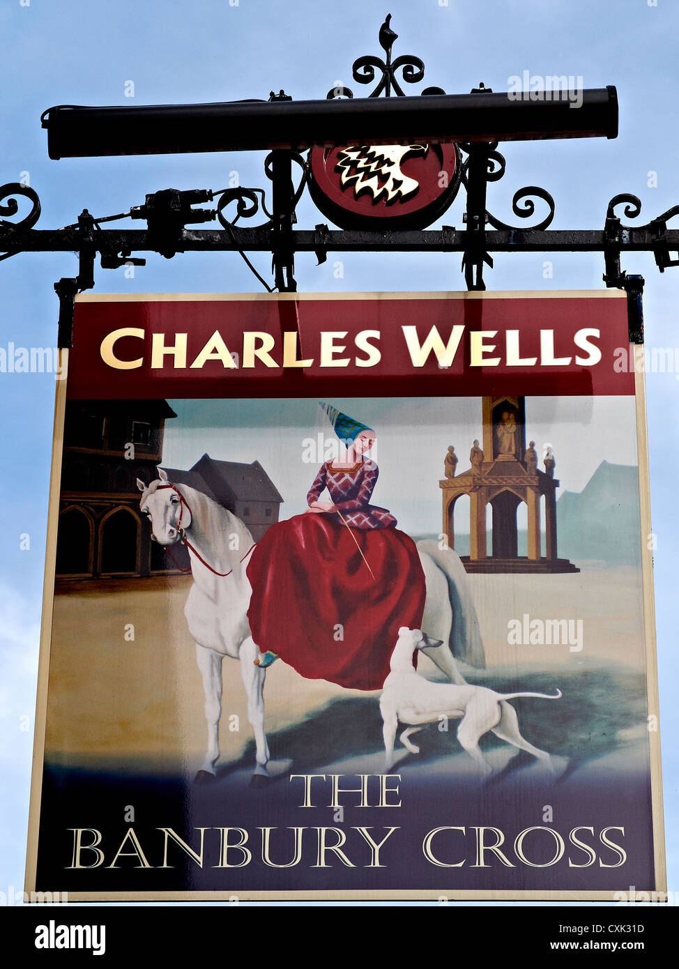 Public House sign depicting the Banbury Cross legend. Banbury Oxfordshire England Pub sign UK Stock Photo
