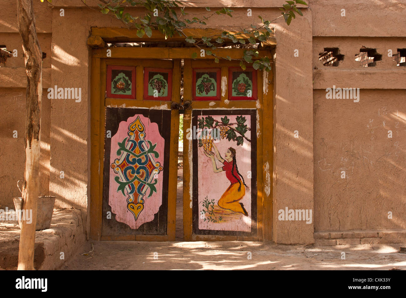 An elaborately painted door in grape valley, Turpan, Xinjiang, China Stock Photo