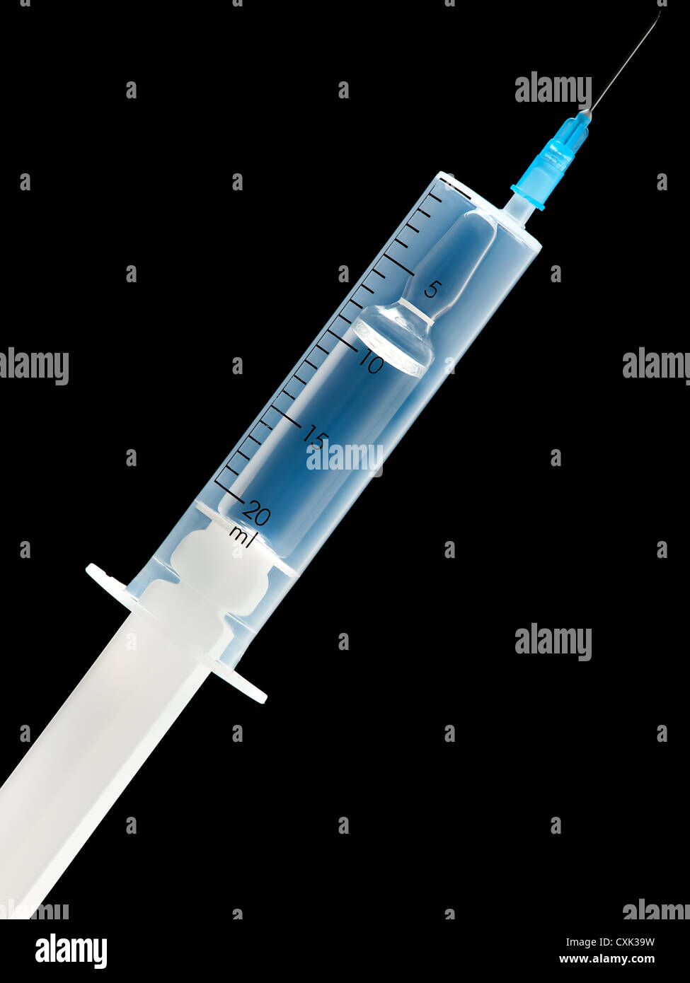 Ampoule is inside of a syringe on a black background which may