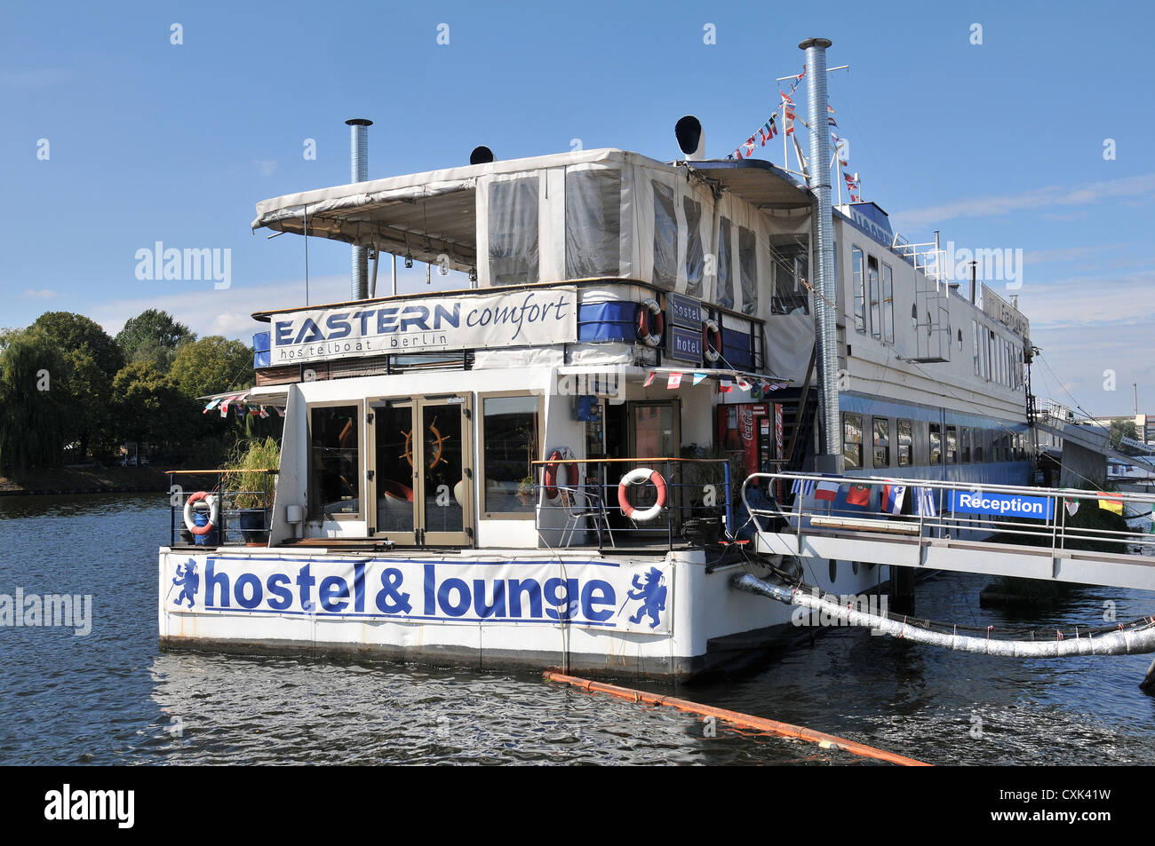 Eastern Confort hostel boat on Spree river Berlin Germany Stock Photo