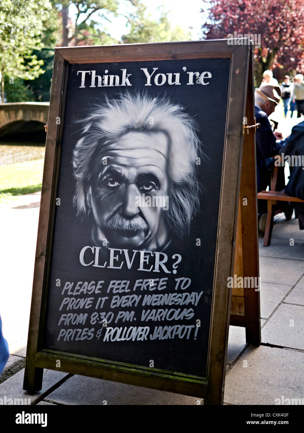 Amusing English public house quiz night advertisement featuring an image of Albert Einstein. Bourton on the Water Cotswolds UK Stock Photo