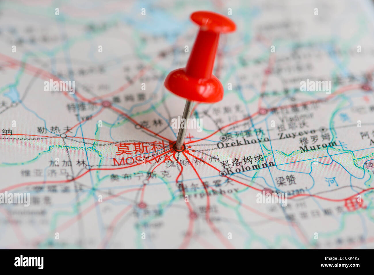 Thumbtack stuck in the map Stock Photo Alamy