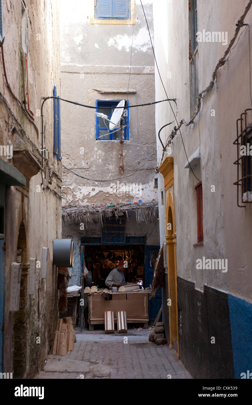 Local carpenter shop in alley way, Essaouira, Morocco Stock Photo