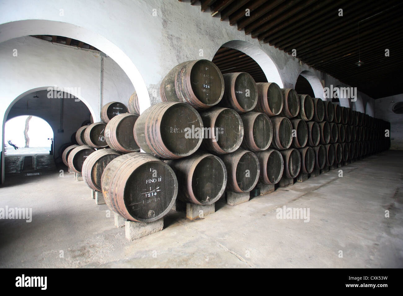 Spain,Andalusia,Sanlucar de Barrameda, cherry wine cellar Stock Photo