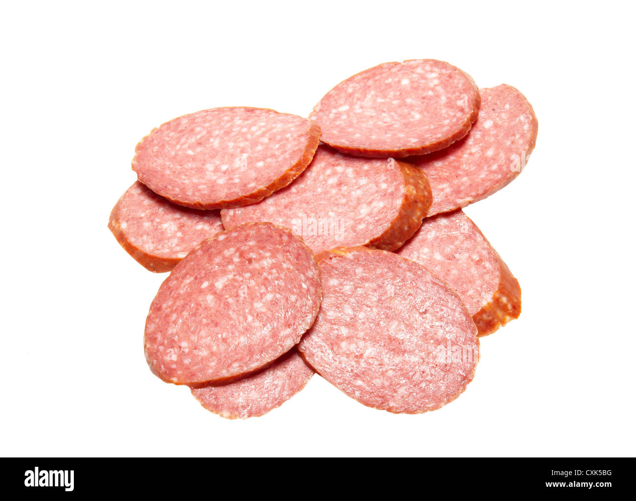 Bits of summer sausage isolated on white Stock Photo Alamy