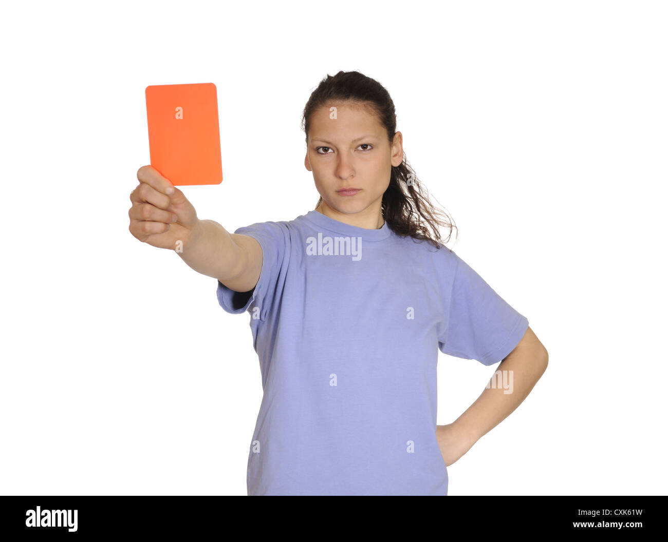 Young Woman Shows Red Card Stock Photo Alamy