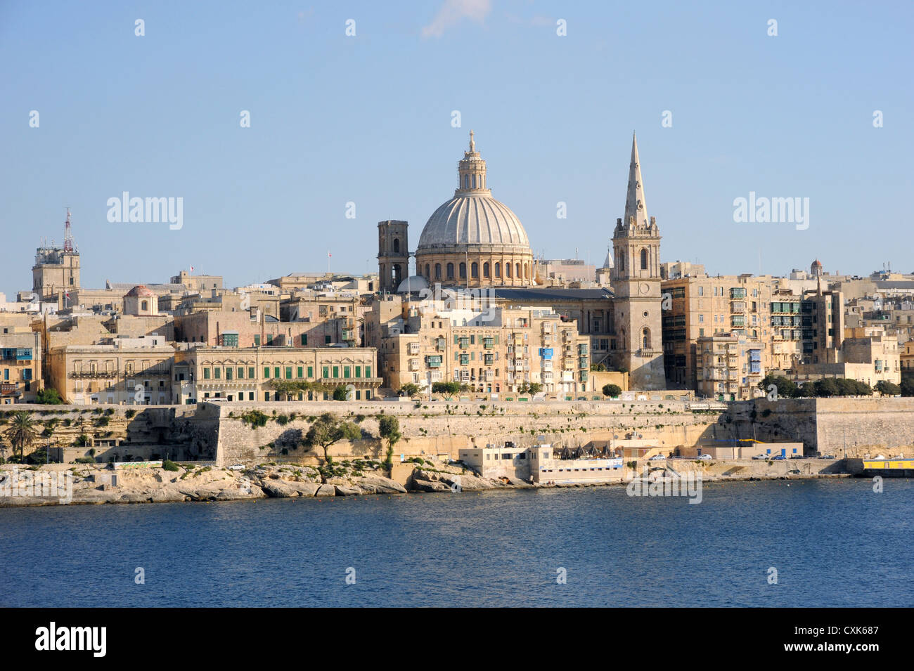Valetta, Malta. Viewed from Sliema. Dome of St John's Cathedral. Stock Photo