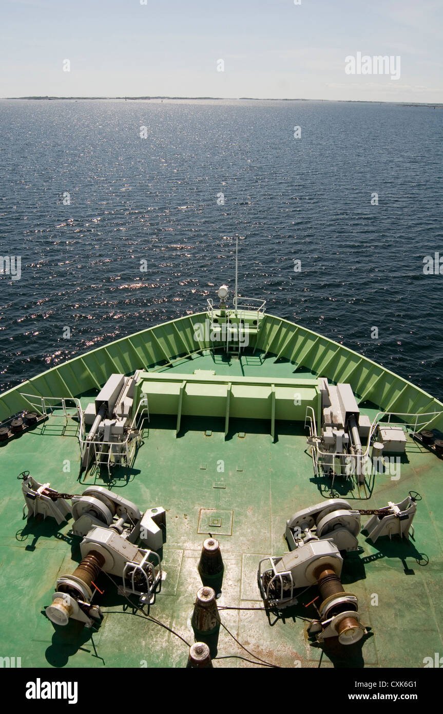 bow hull ships ships ferry ferries horizon open water seas baltic captain wheel house wheelhouse shipping Stock Photo