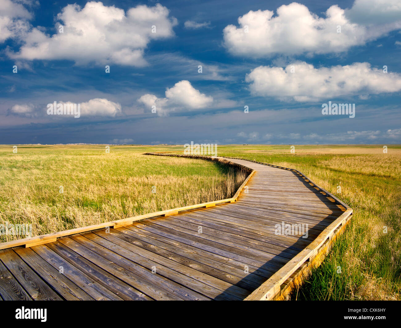 Pathway and clouds with grassland in Badlands National Park, South Dakota. Stock Photo