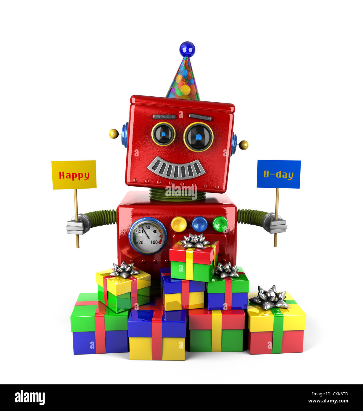 Little happy vintage toy robot holding birthday signs Stock Photo