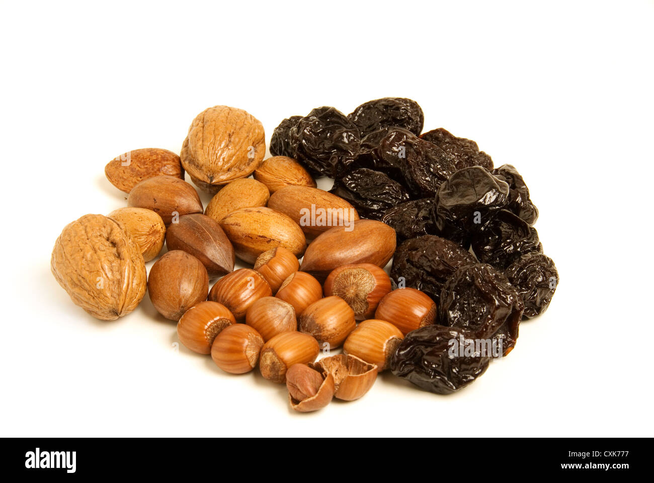 Dried prunes and nuts isolated, healthy food concept Stock Photo Alamy