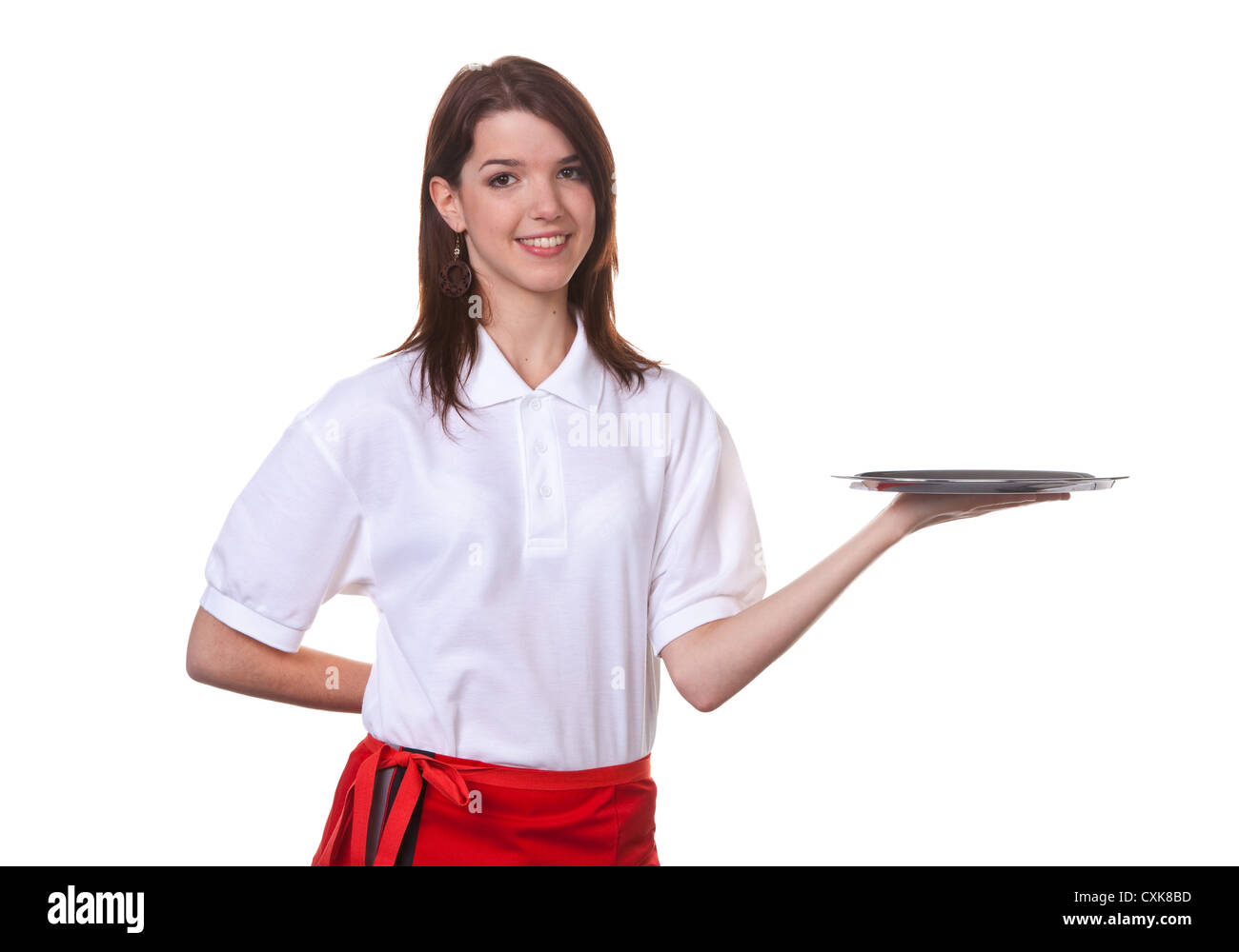 Young service lady serving cocktails Young woman serving drinks on a tablet Stock Photo