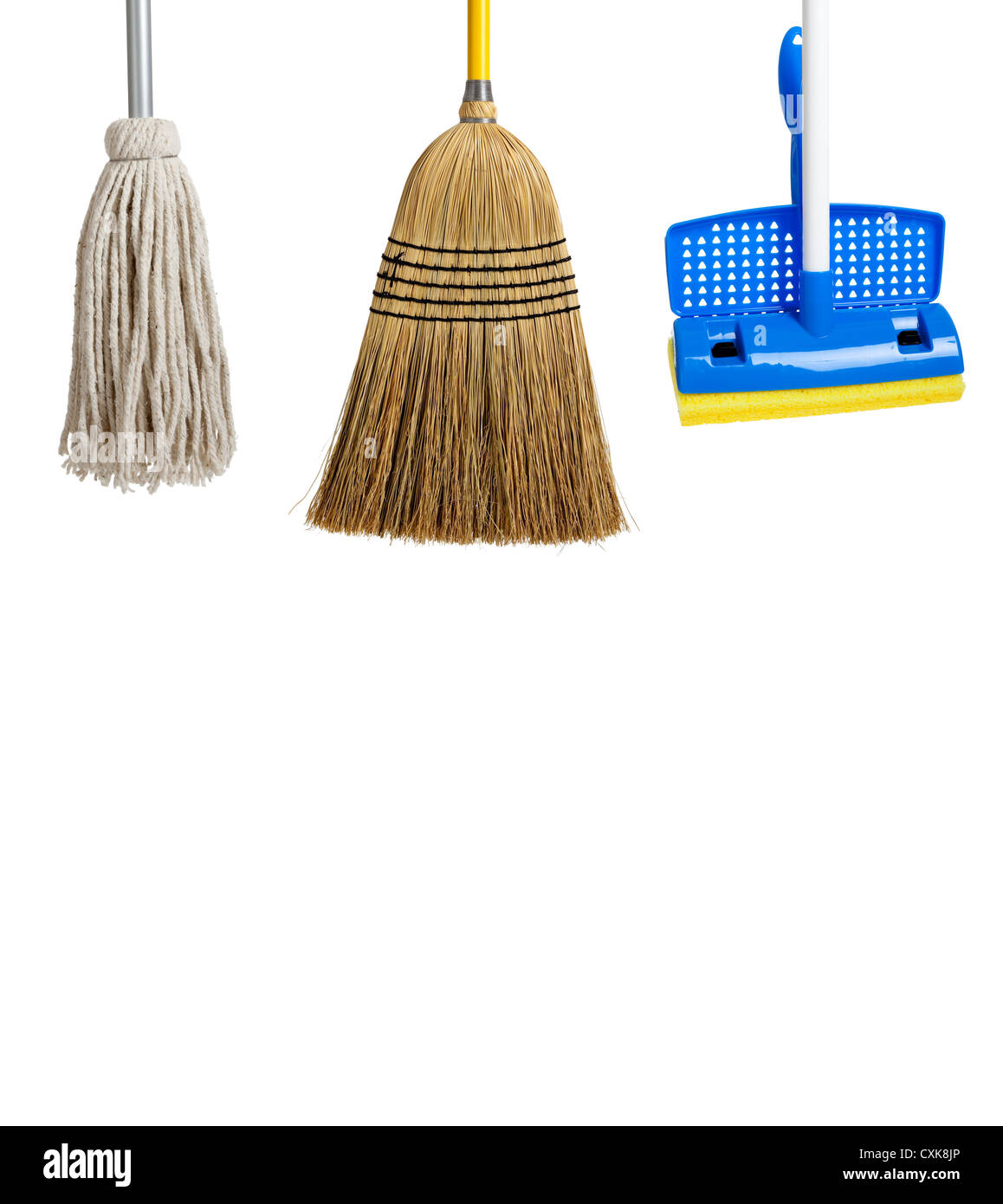Blue and yellow sponge mop, broom and string mop on a white background