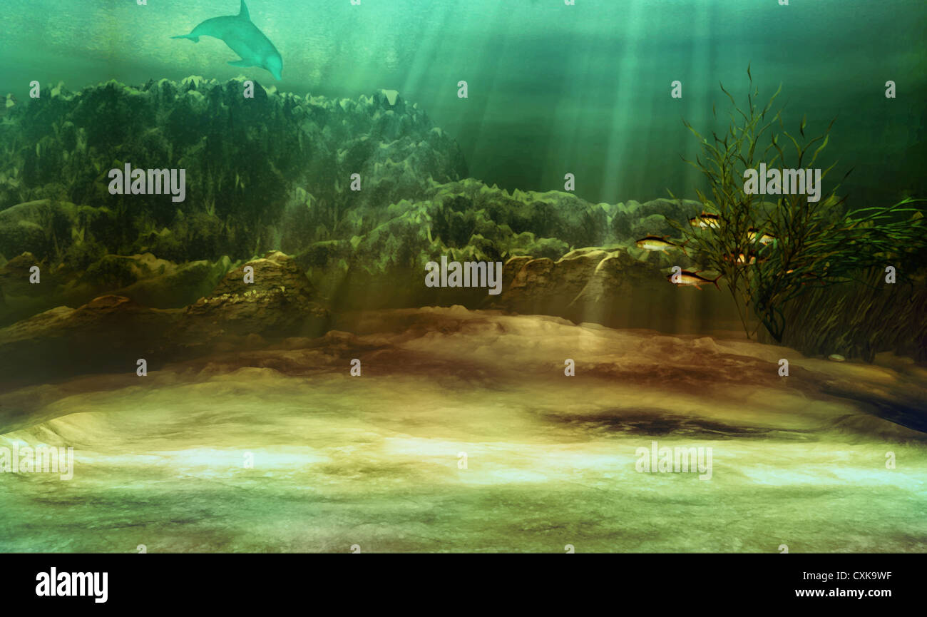 an underwater landscape with fishes and dolphin Stock Photo Alamy