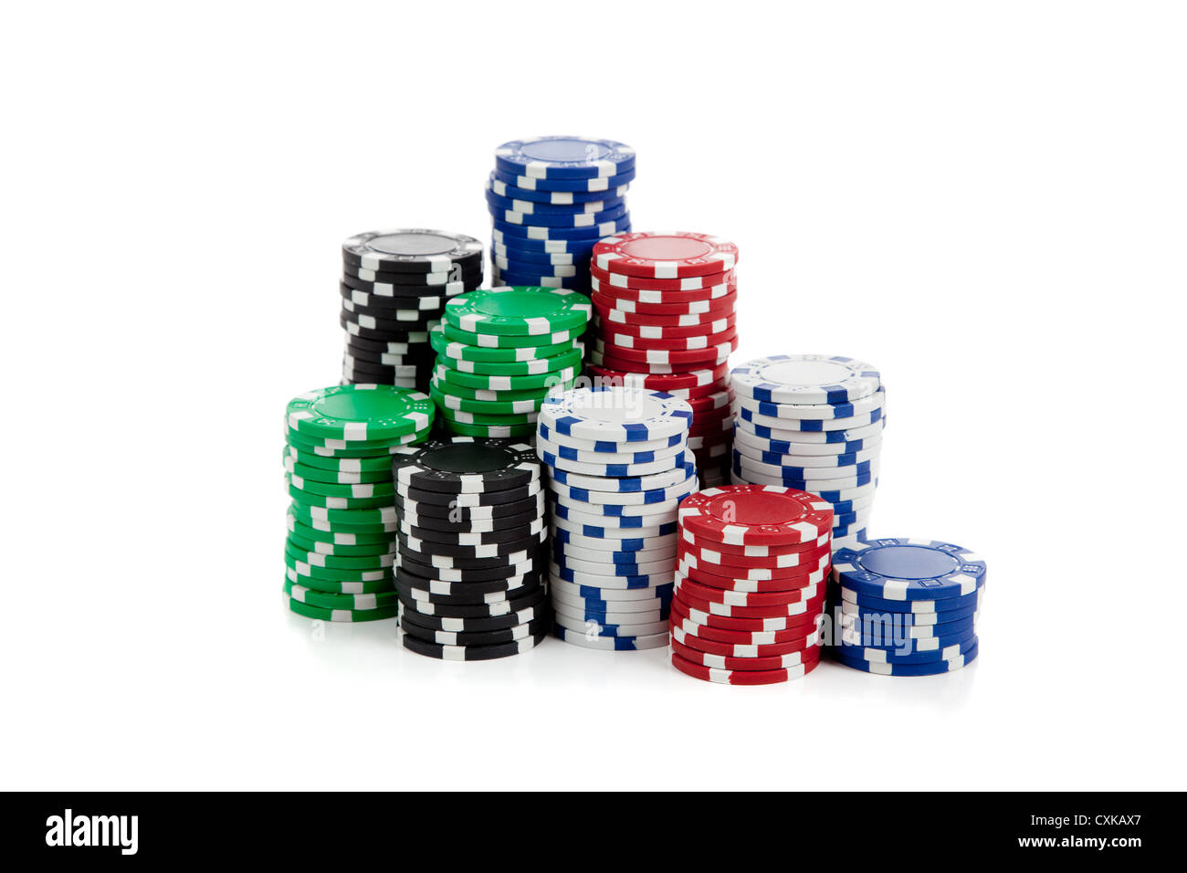 Stacks of poker chips on a white background Stock Photo