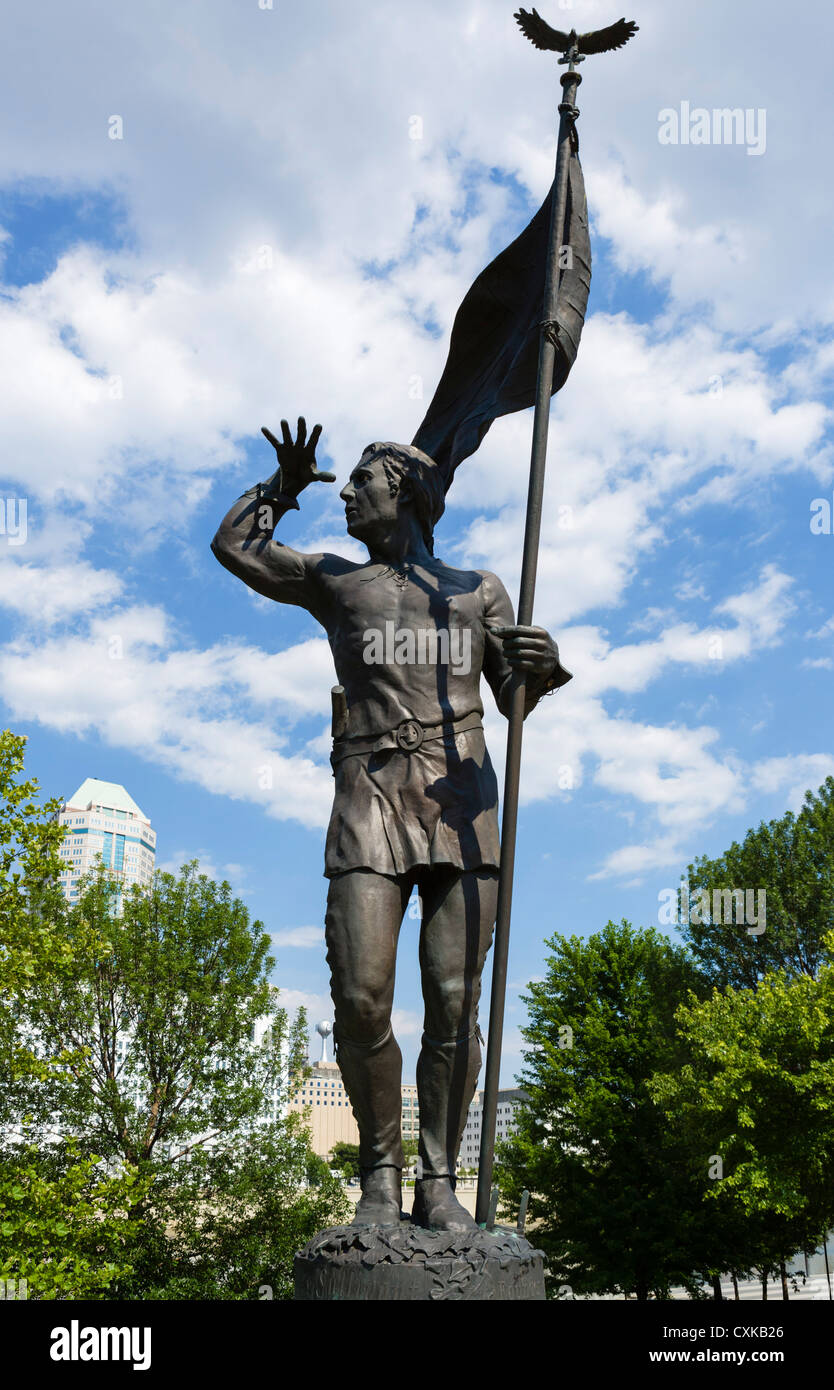 Statue of Lucas Sullivant (founder of the original city) in Genoa Park on the west bank of the Scioto River, Columbus, Ohio, USA Stock Photo