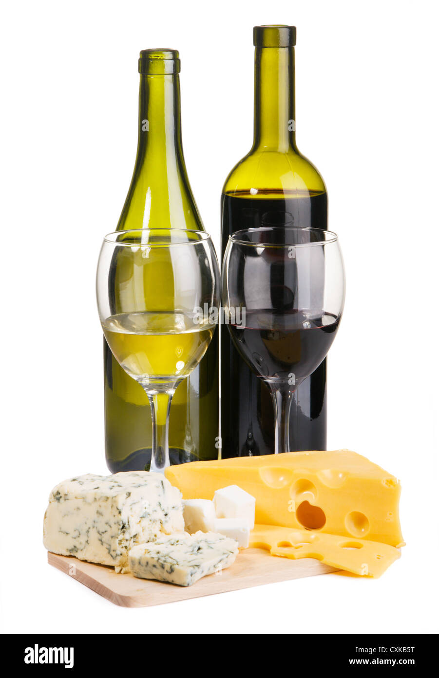Cheese, white and red wine, isolated on white background Stock Photo