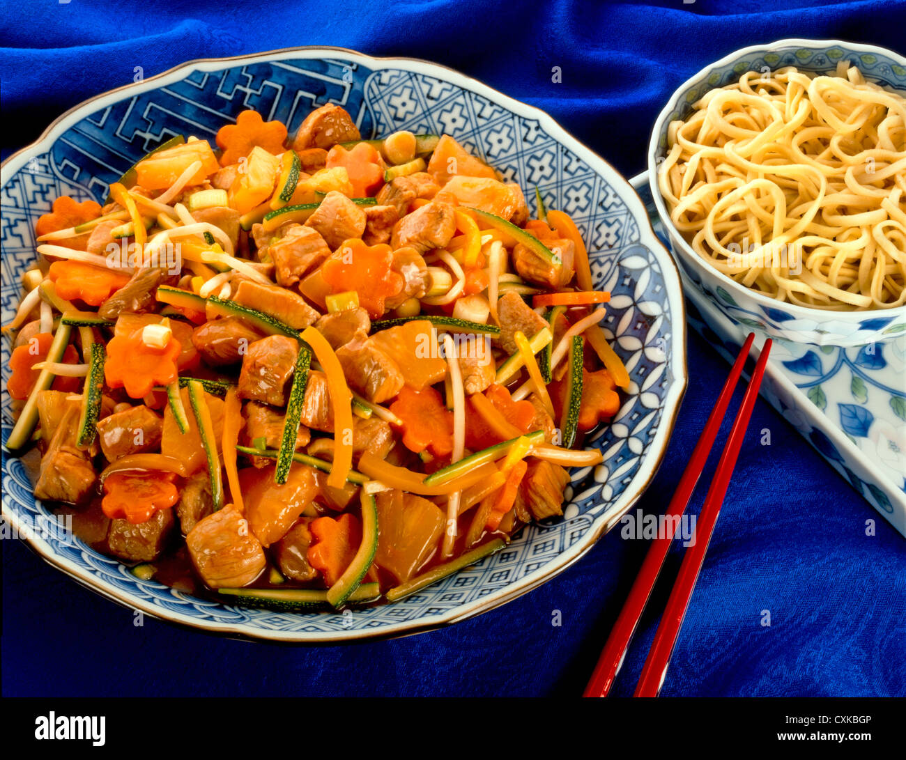 PORK AND VEGETABLE STIR FRY WITH NOODLES Stock Photo