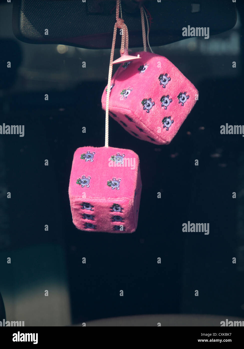 Furry dice hanging from the rear mirror in a car Stock Photo Alamy