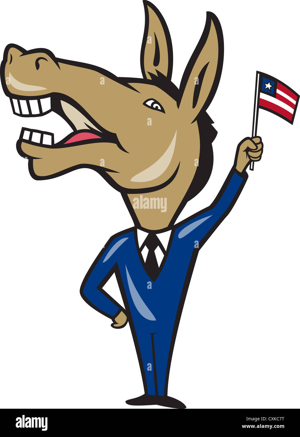 Illustration of a democrat donkey mascot of the democratic party waving american stars and stripes flag done in cartoon style. Stock Photo