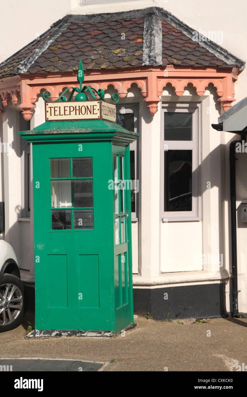 Old Green Telephone Box by  Boulters Restaurant and Bar Maidenhead Stock Photo
