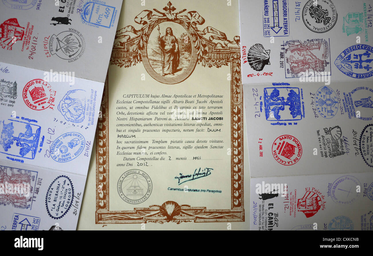 Santiago de Compostela Pilgrim's passport and Compostela. Stock Photo