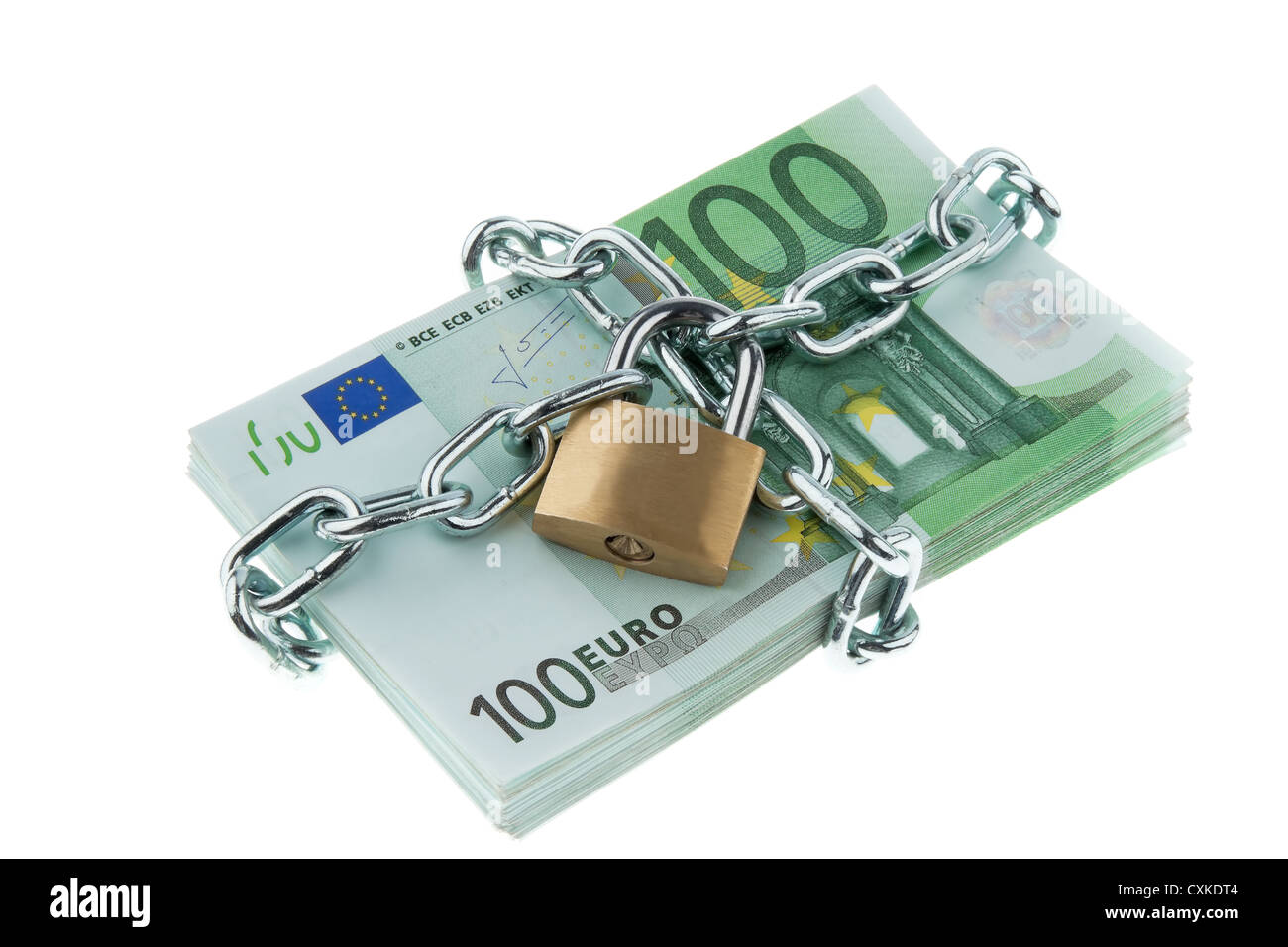 Euro bank notes with a lock and chain. Stock Photo