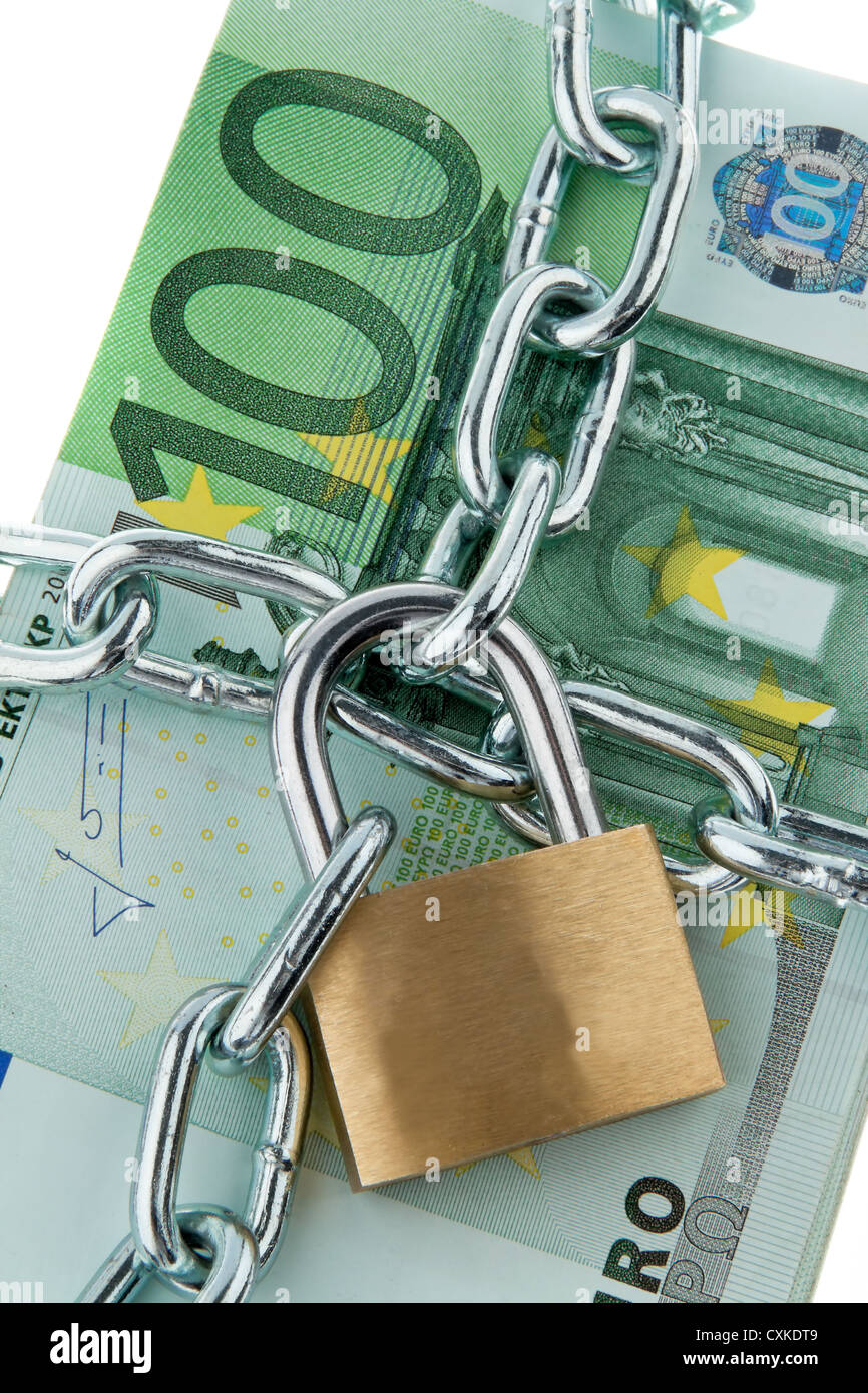 Euro bank notes with a lock and chain. Stock Photo