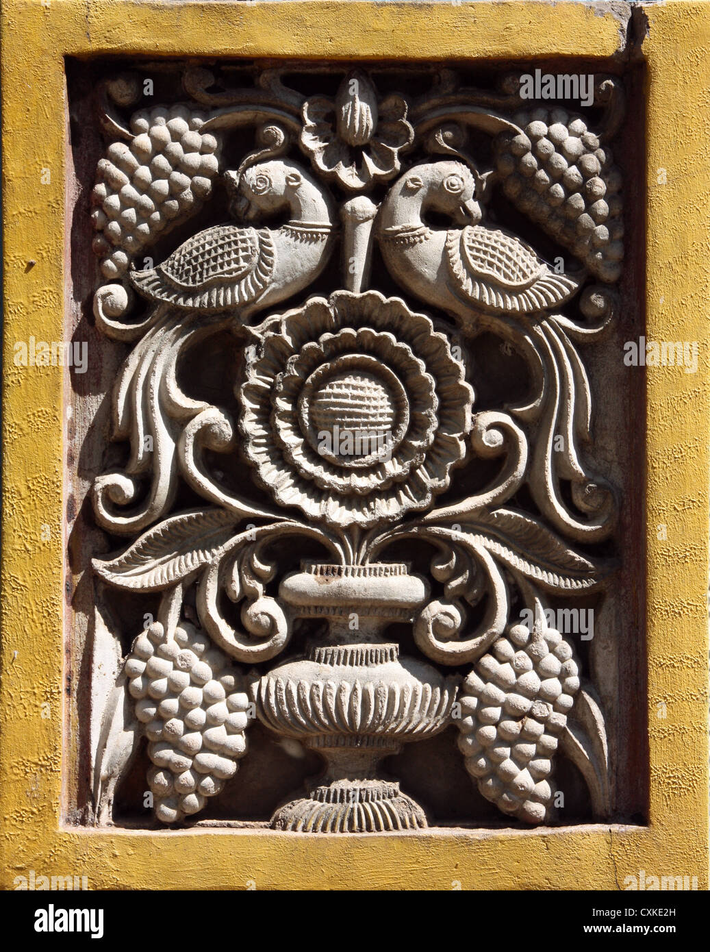 Stone carving on Indian wall. Karnataka india Stock Photo