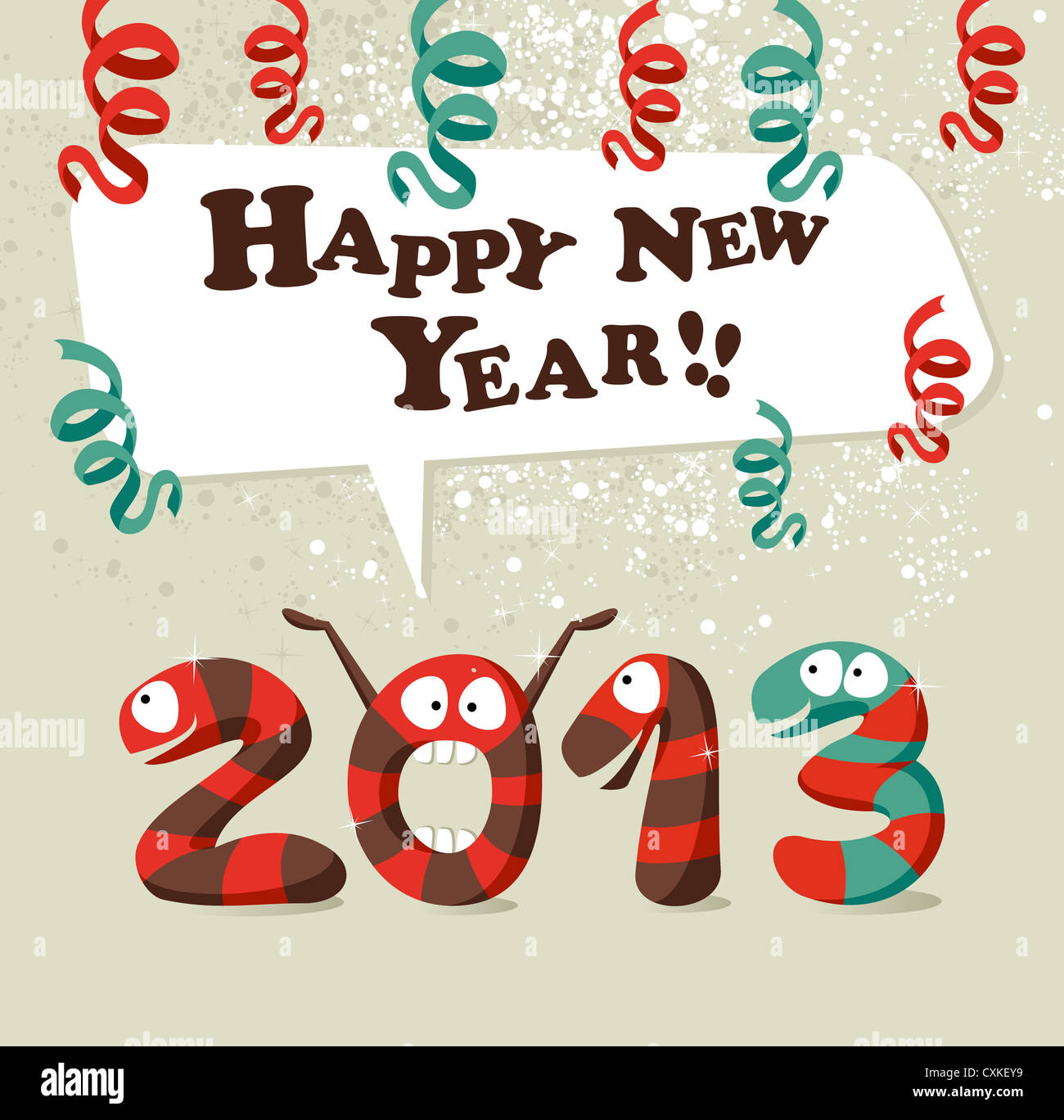 Funny cartoon snake celebrating the beginning of 2013 new year background. Vector illustration layered for easy manipulation and custom coloring. Stock Photo