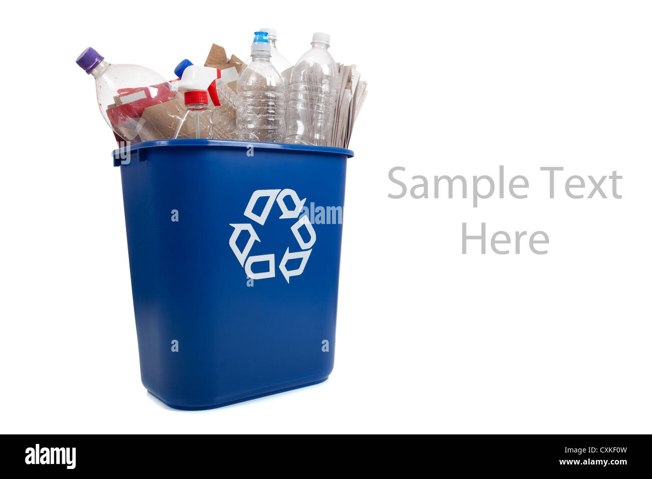 Blue recycle container with plastic bottles on a white background with copy space Stock Photo